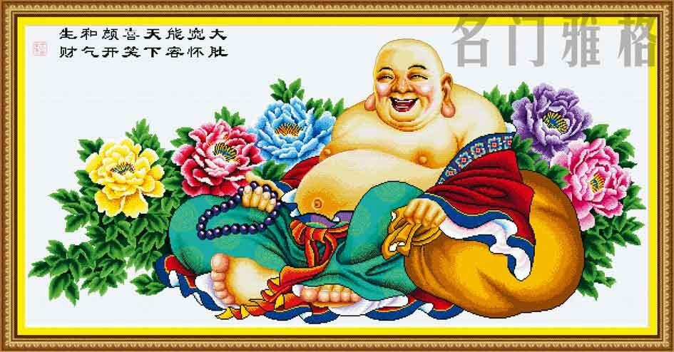 弥勒佛十字绣线绣笑口常开如来佛祖笑对天下自己绣印花丝线绣房间