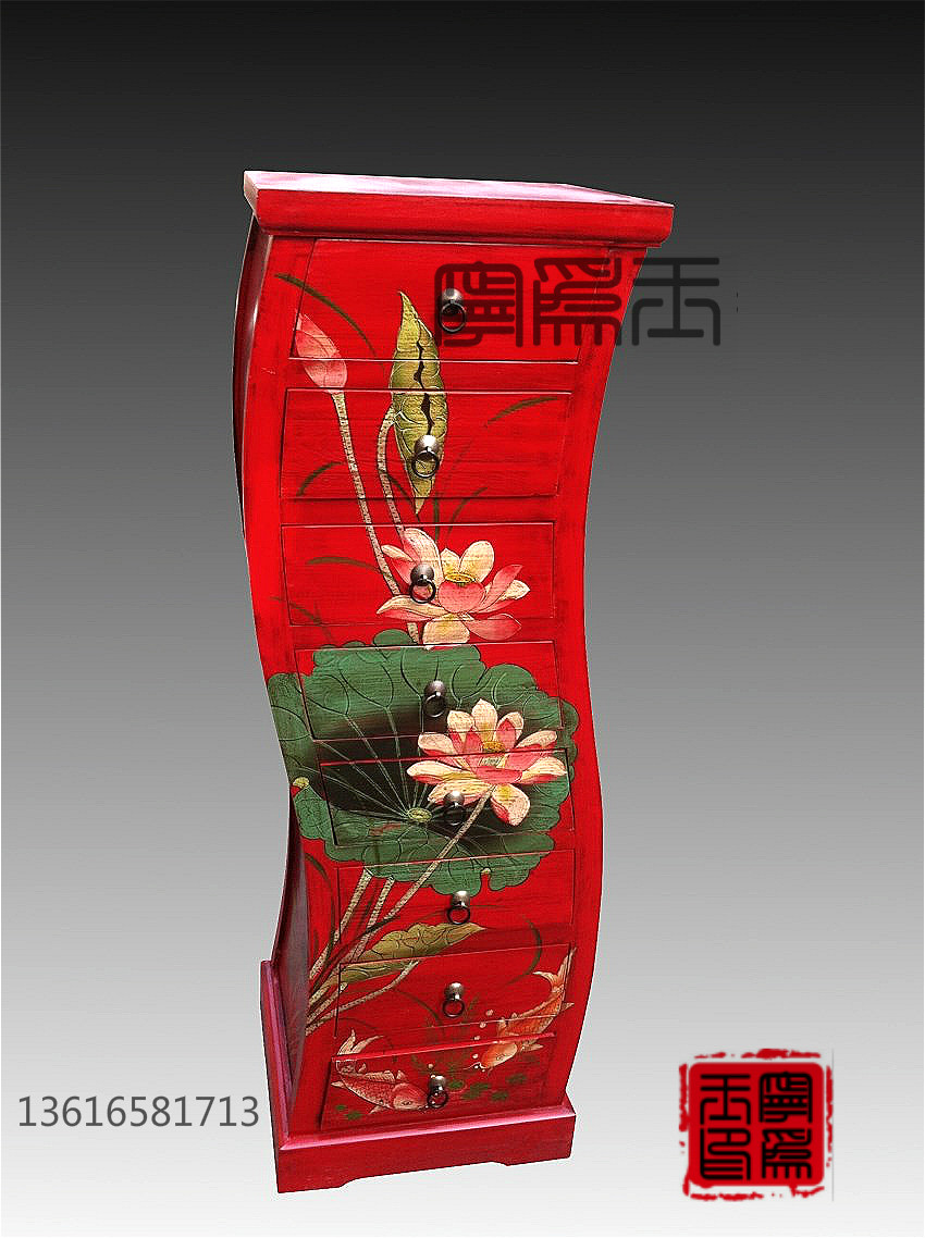 中式彩绘荷花S形状八斗柜 首饰柜 CD柜 手绘家具 仿古做旧家具