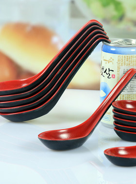 高档经典仿瓷密胺塑料快餐店饭店用红黑白色长柄汤勺调羹带勾勺子