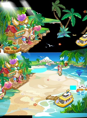 falsh 矢量游戏 海滩小房子小船大海 场景海鸥椰子树素材源文件