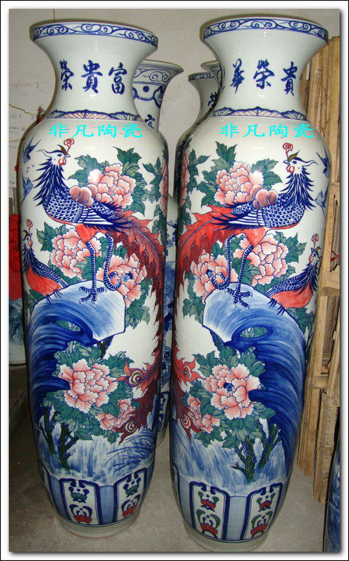 景德镇陶瓷五彩凤凰牡丹冬瓜瓶荣华富贵落地大花瓶 家居饰品1.8米