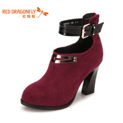 Red Dragonfly leather women's shoes after the new fashion color in the workplace a genuine nubuck leather zipper thick high heel shoes
