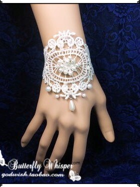 『暮光之城』日韩华丽重工钉珠白色森系lolita婚礼白色宽蕾丝手链