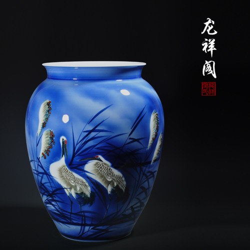 景德镇陶瓷器花瓶名家青花瓷鹤 创意花器摆件落地干燥花装饰工艺
