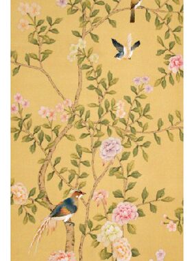 家装真丝工笔手绘花鸟壁纸丝绸墙纸玄关 背景墙silk wallpaper