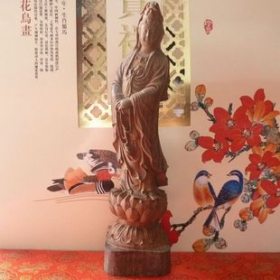 仿古沉香木皮黑木雕工艺品 立莲持珠观音摆件