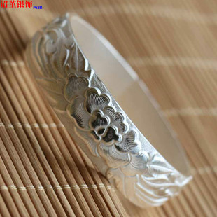 99纯银手镯 平安花 99纯银手镯 手工纯银 民族风 99足银刻花手镯