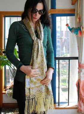 双12特卖南京云锦 吉祥云锦 淡黄色花朵云锦披肩围巾双面两用现货