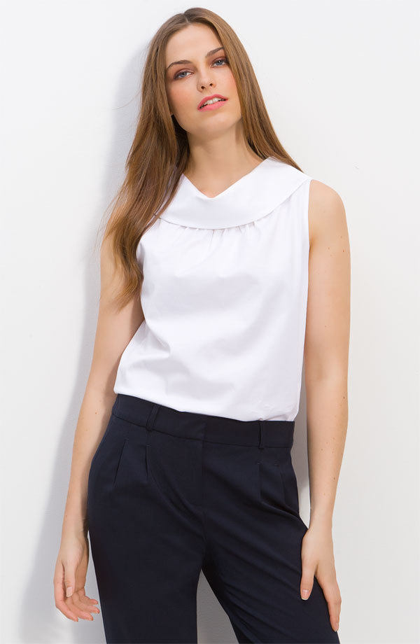 ks欧美大牌 女士弹力纯棉贡缎金扣白色无袖衬衫 白衬衫 夏季上衣