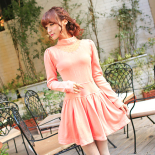 花炮大叔甜美淑女文艺范波浪网纱拼接针织长袖连衣裙