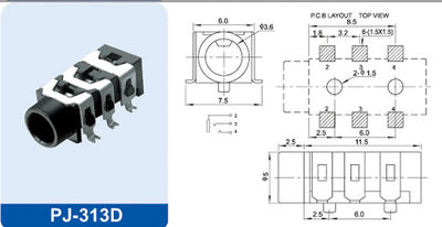 3.5耳机插座 音频插座 3.5插座 PJ313D 贴片式 1包1000个