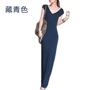 纯色夏季女装V领长裙波西米亚修身显瘦包臀性感莫代尔拖地连衣裙
