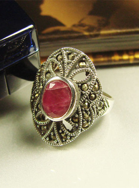 14号-925纯银戒指镶嵌天然红刚玉及马克赛RN0301001