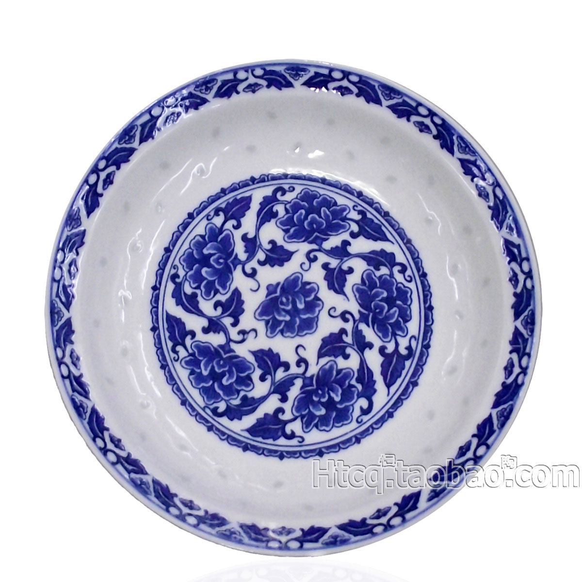 经典景德镇陶瓷8英寸釉下彩无铅青花玲珑瓷米通瓷盘 深菜盘