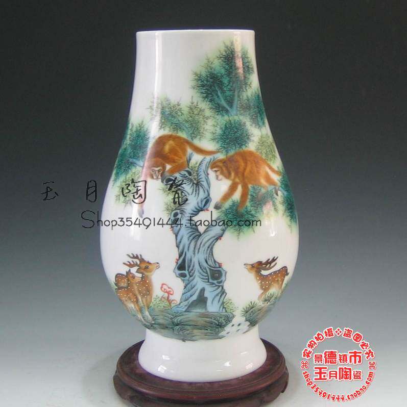 景德镇瓷器 摆件 陶寅手绘【鹿封猴门】精品陶瓷花瓶 收藏