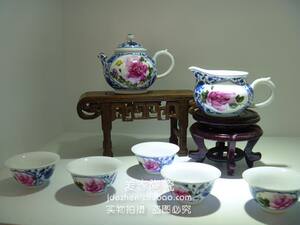 景德镇陶瓷 正品鹤云陶瓷 高档手绘开光青花手指牡丹8头茶具