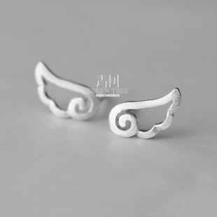 【青树银饰】925纯银手工银饰 手工定制耳钉 个性时尚 翅膀形耳钉