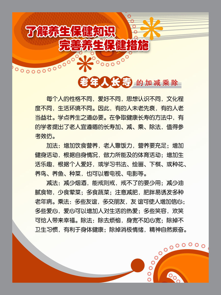 605海报印制展板44保健养生健康版面老年人长寿的加减乘除