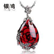 Hong 925 Silver dark red garnet, zircon, silver retro Bangkok Thai silver drop pendant and old silversmiths silver female pendant