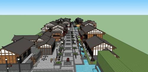 中式商业街SU建筑模型库新现代中式草图大师园林景观Sketchup组件