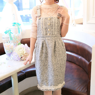 花炮大叔甜美通勤包臀修身显瘦高腰两穿毛呢背带裙短裙