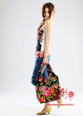 凤凰牡丹大花手工挎包--黑色