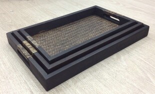 包邮泰国进口-实木贴藤皮-古色古香-3合1带把手茶盘餐盘托盘摆盘