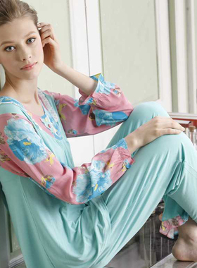 春季新款女士棉质长袖睡衣套装时尚简约家居服10160
