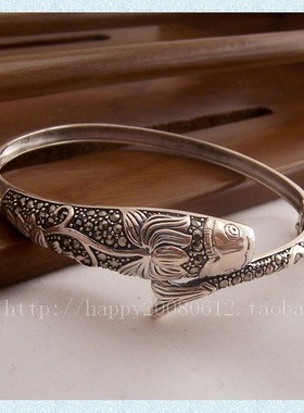 泰国进口正品 银色城堡925纯银泰银荷花银鱼手镯包邮
