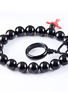 天然黑曜石单圈项坠手串