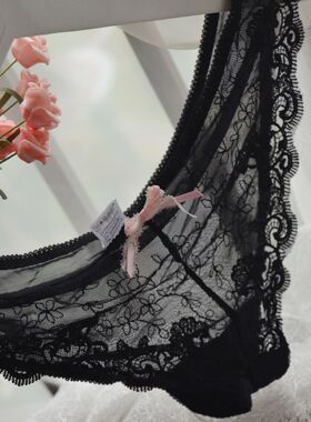 031421法国原单 黑色 提花蕾丝 妩媚三角丁字内底裤大码清仓