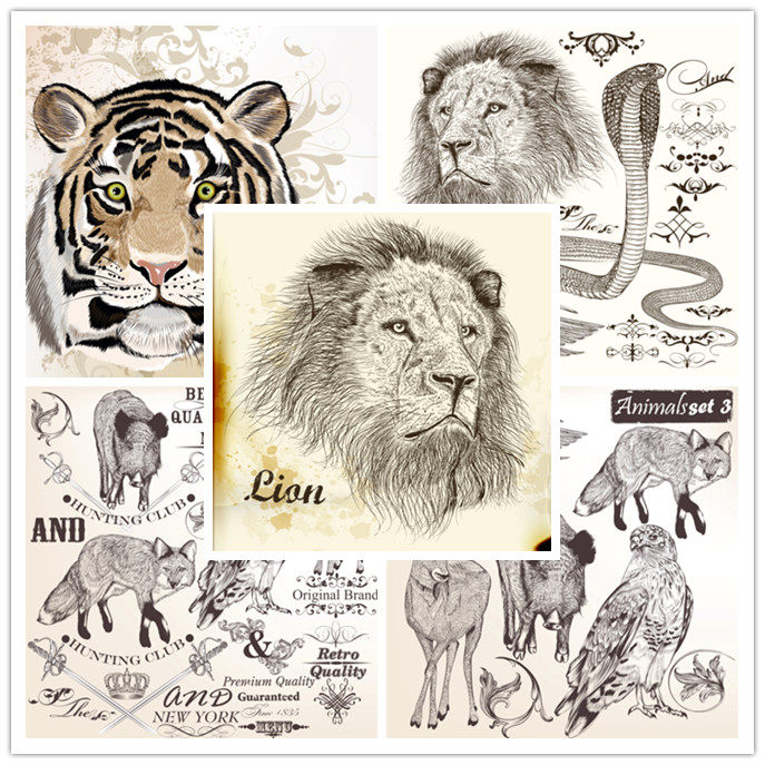 矢量设计素材 复古素描风格动物线稿老虎狮子蛇狐狸鸟羊 AI格式
