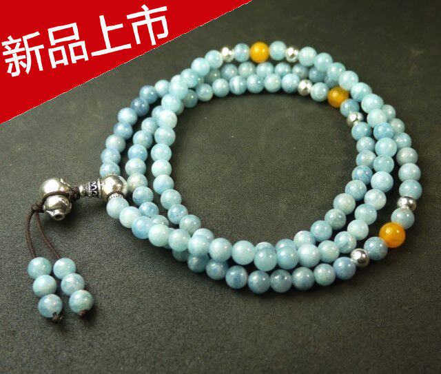 天然海蓝宝石佛珠四圈男多层时尚