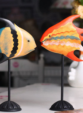 复古做旧经典实木彩绘热带珊瑚鱼亲吻鱼动物橱窗隔板客厅家居摆件