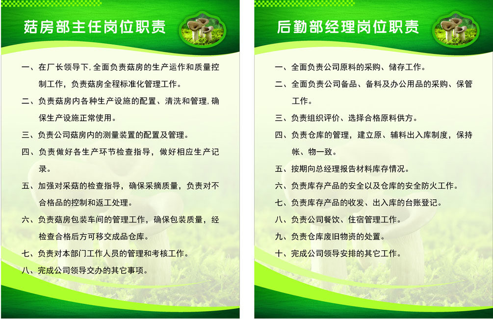 658海报印制展板素材839蘑菇厂菇房部主任后勤部经理岗位职责