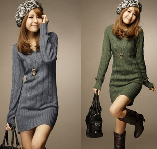 韩版 39元 搅花中长款 V领粗纺毛衣 修身 Y105