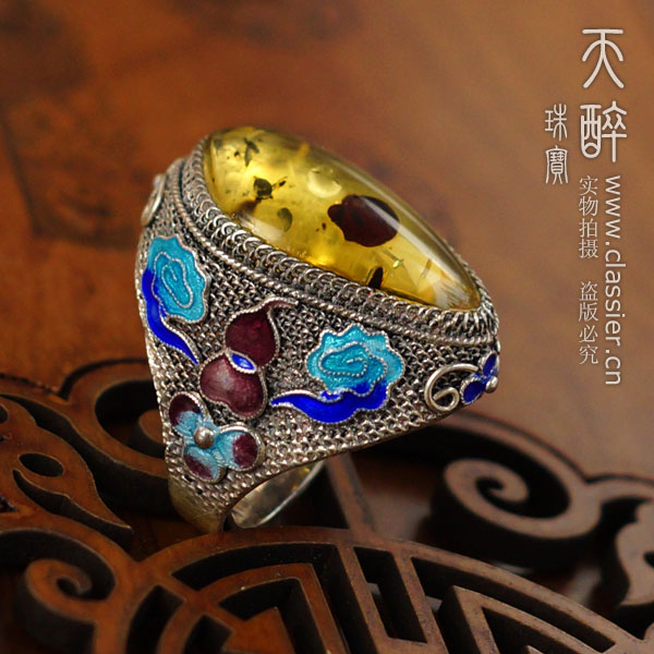 【天醉】吉祥 掐丝珐琅花丝镶嵌琥珀男女戒指景泰蓝复古手工银饰