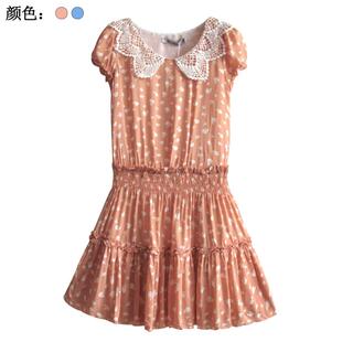 国内撤柜日系小清新可爱苹果印花蕾丝钩花瓣领纯棉短袖 连衣裙特价