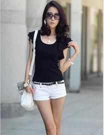 韩版夏季女装T恤荷叶边短袖修身显瘦纯棉紧身上衣大码打底衫