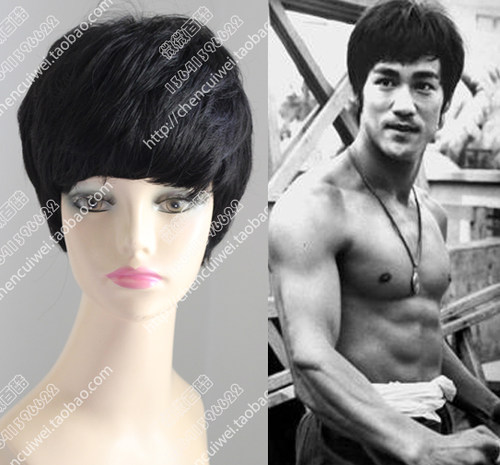cos假发 李小龙 Bruce Lee 男款黑色短发 功夫假发 表演影视