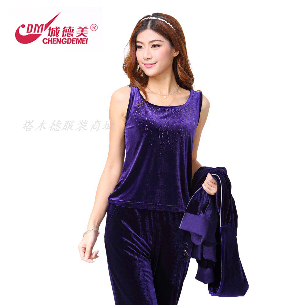 城德美春秋季经典宽松版 女式连帽金丝绒时尚运动服休闲三件套装