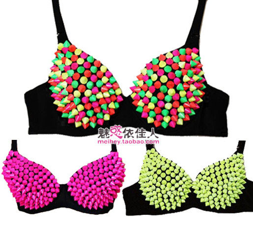 酒吧ds演出服女歌手夜店djGOGO爵士钢管舞性感荧光铆钉文胸舞台装