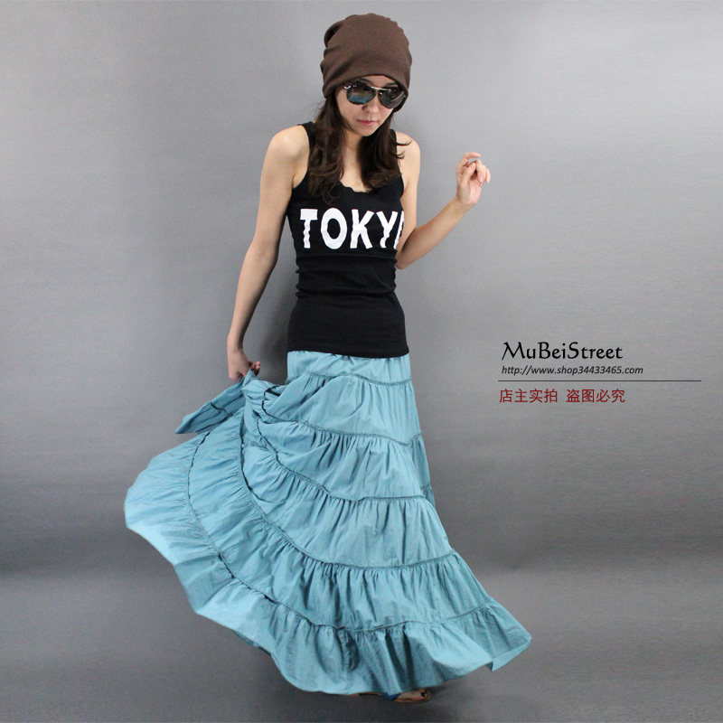 春夏新品女装多色波西米亚风格半腰沙滩裙 纯色纯棉拼接长裙