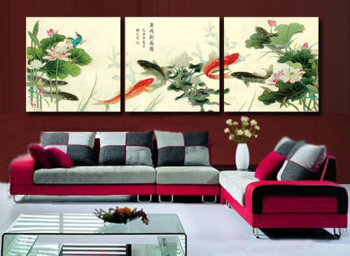超清晰彩色十字绣重绘图纸/源文件 三联画 鱼戏新荷