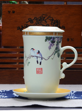 景德镇陶瓷茶杯四件套系列高档个人杯带盖过滤茶杯泡茶办公杯随手