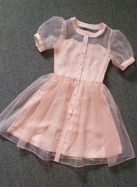 新恋爱时代  甜美淑女短袖半透抹胸复古欧根纱高腰蓬蓬公主连衣裙