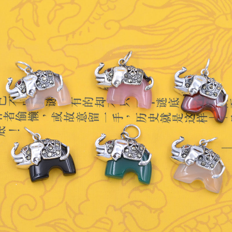 S925纯银泰银玛瑙猫眼 马克赛大象吊坠 diy水晶佛珠手链手串配件