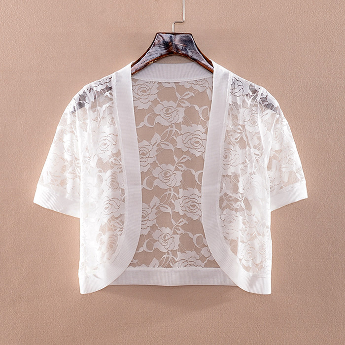 夏季新款女装勾花镂空蕾丝小披肩 夏天半袖镂空短款披肩外套 白色