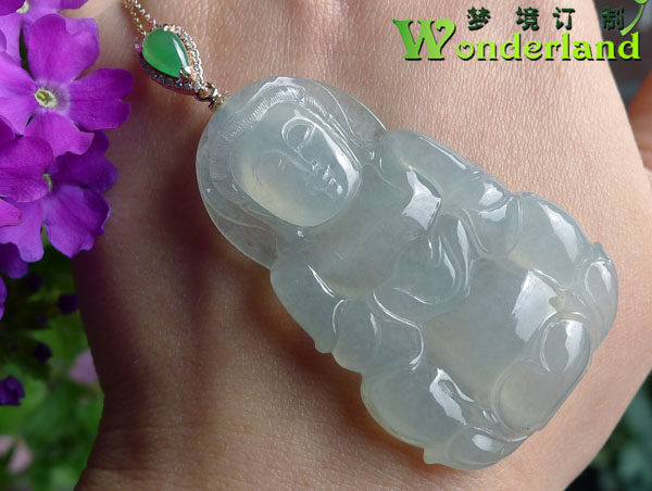 天然A货晴水冰种翡翠观音菩萨吊坠链18K玫瑰金镶玉钻石现货特男女
