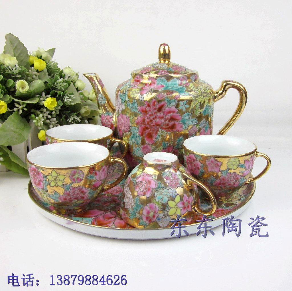 景德镇老瓷器 手工粉彩贴金茶具套装带茶盘 识货者来